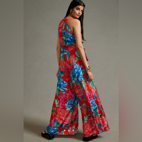 Farm Rio x Anthropology Printed Halter Jumpsuit, Pink Pattern - M - Picture 3 of 9